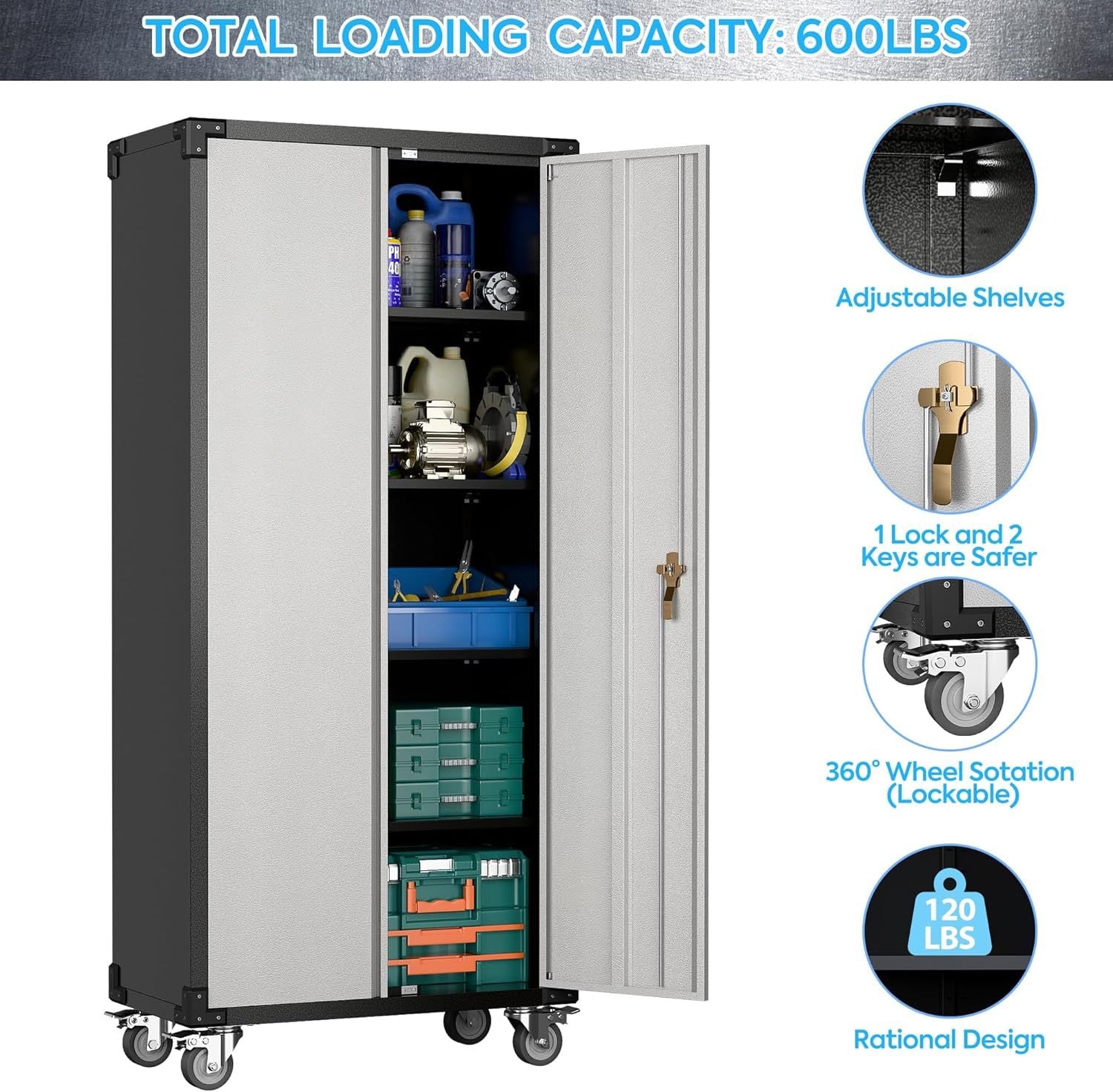 Garage Storage Cabinet With Wheels, Metal Cabinet With 2 Doors And 4 Adjustable Shelves,Home Office Metal Storage For Garage,Assembly Required