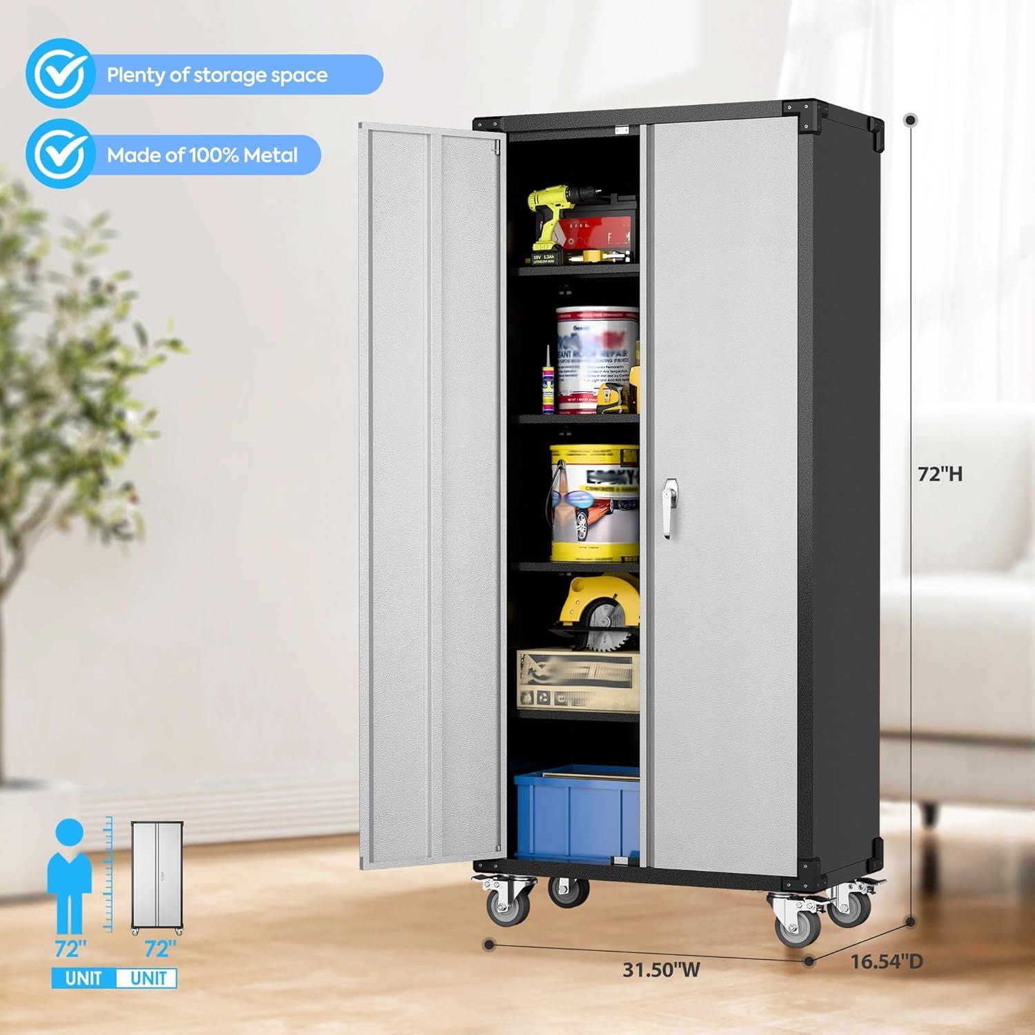 Garage Storage Cabinet With Wheels, Metal Cabinet With 2 Doors And 4 Adjustable Shelves,Home Office Metal Storage For Garage,Assembly Required