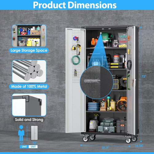72 Inch Garage Storage Cabinet With Pegboard And Wheels, 4 Hooks And 4 Adjustable Shelves, Lockable Rolling Cabinet, Home, Office, Garage