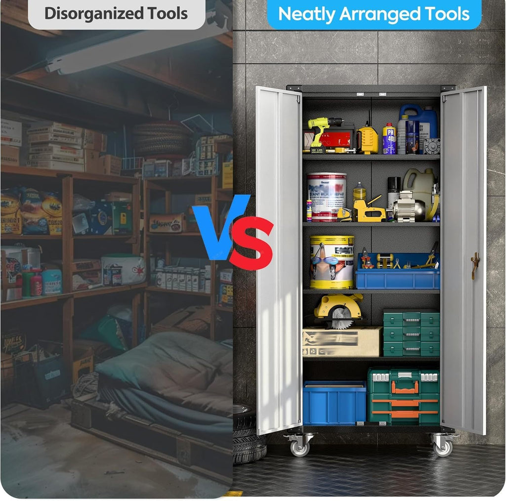Garage Storage Cabinet With Wheels, Metal Cabinet With 2 Doors And 4 Adjustable Shelves,Home Office Metal Storage For Garage,Assembly Required