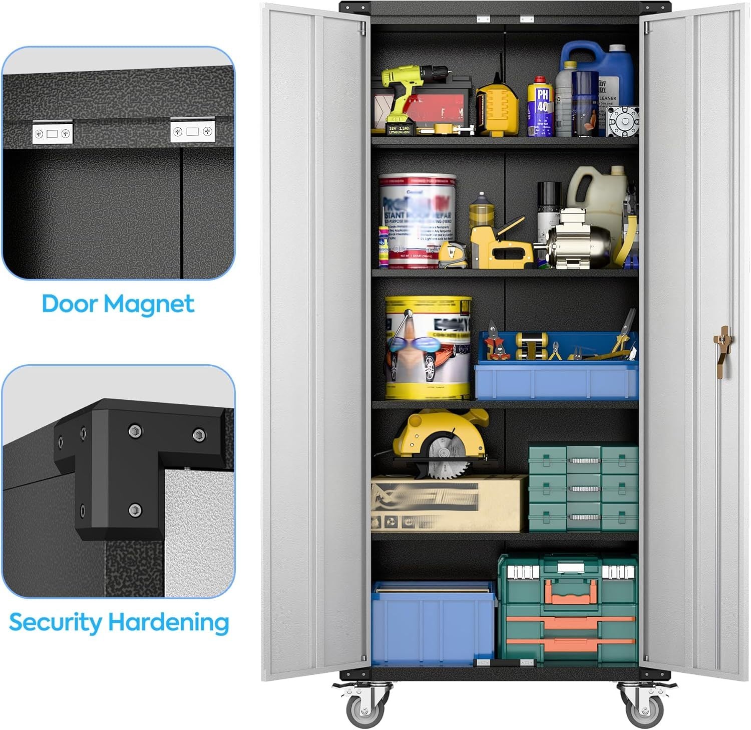 Garage Storage Cabinet With Wheels, Metal Cabinet With 2 Doors And 4 Adjustable Shelves,Home Office Metal Storage For Garage,Assembly Required