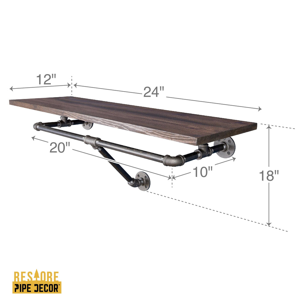 24 in. Wall Mounted Clothing Rack with Wood Shelf, Trail Brown