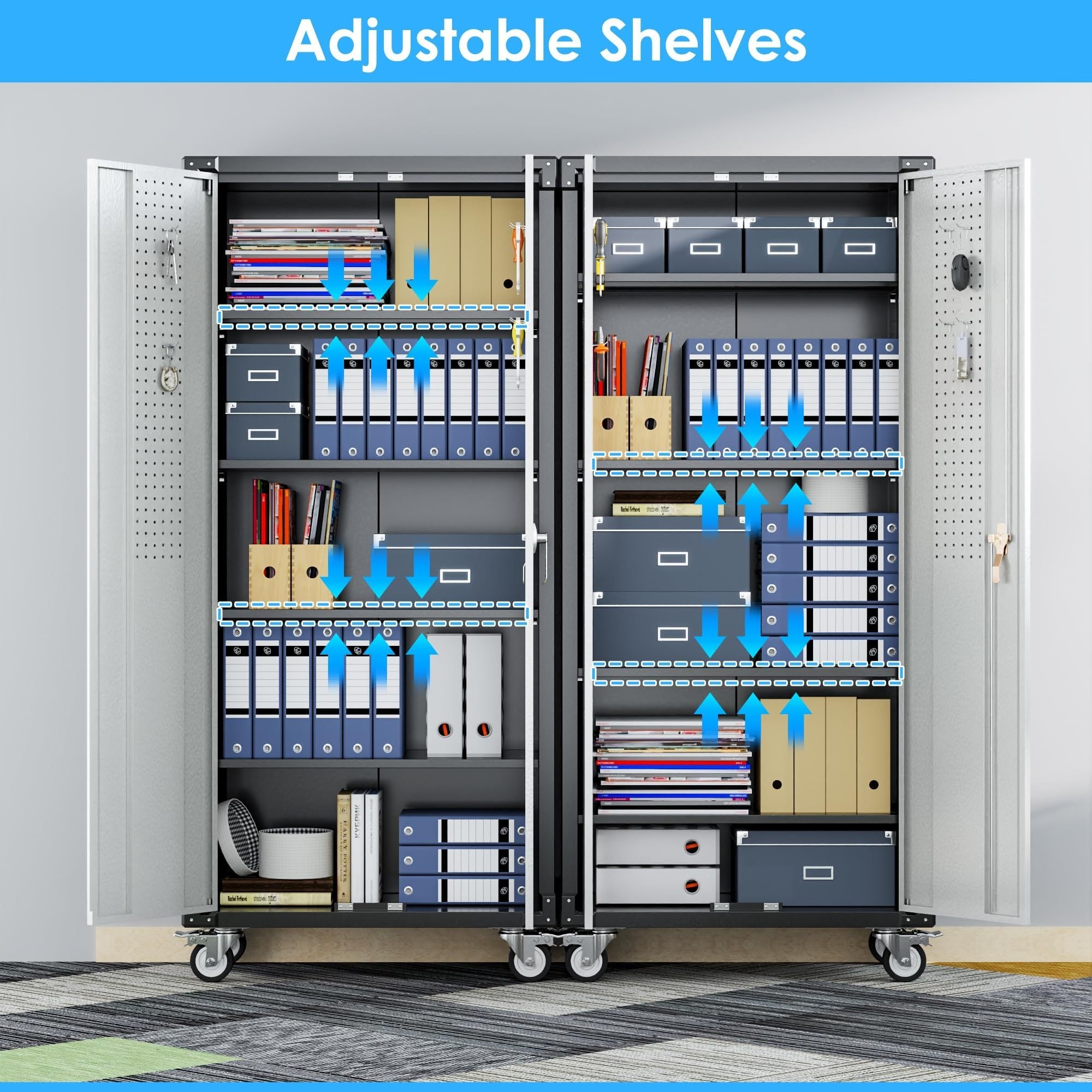 72 Inch Garage Storage Cabinet With Pegboard And Wheels, 4 Hooks And 4 Adjustable Shelves, Lockable Rolling Cabinet, Home, Office, Garage