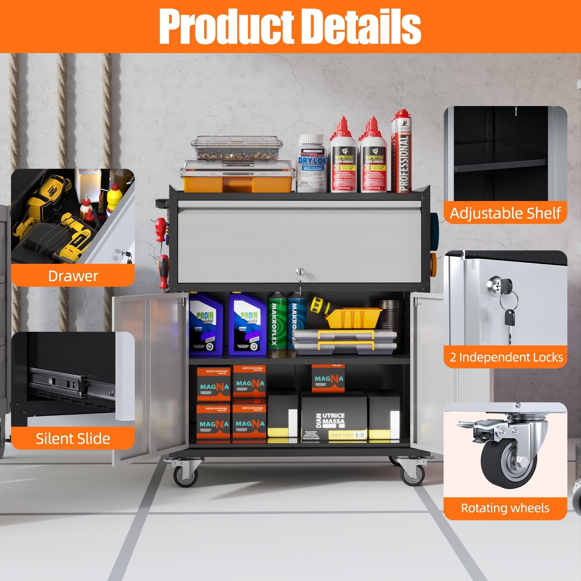 Aobabo Metal Garage Cabinet Steel Garage Cabinet With 1 Drawer And 2 Lockable Doors Rolling Tool Storage Box Assembly Required Black Gray