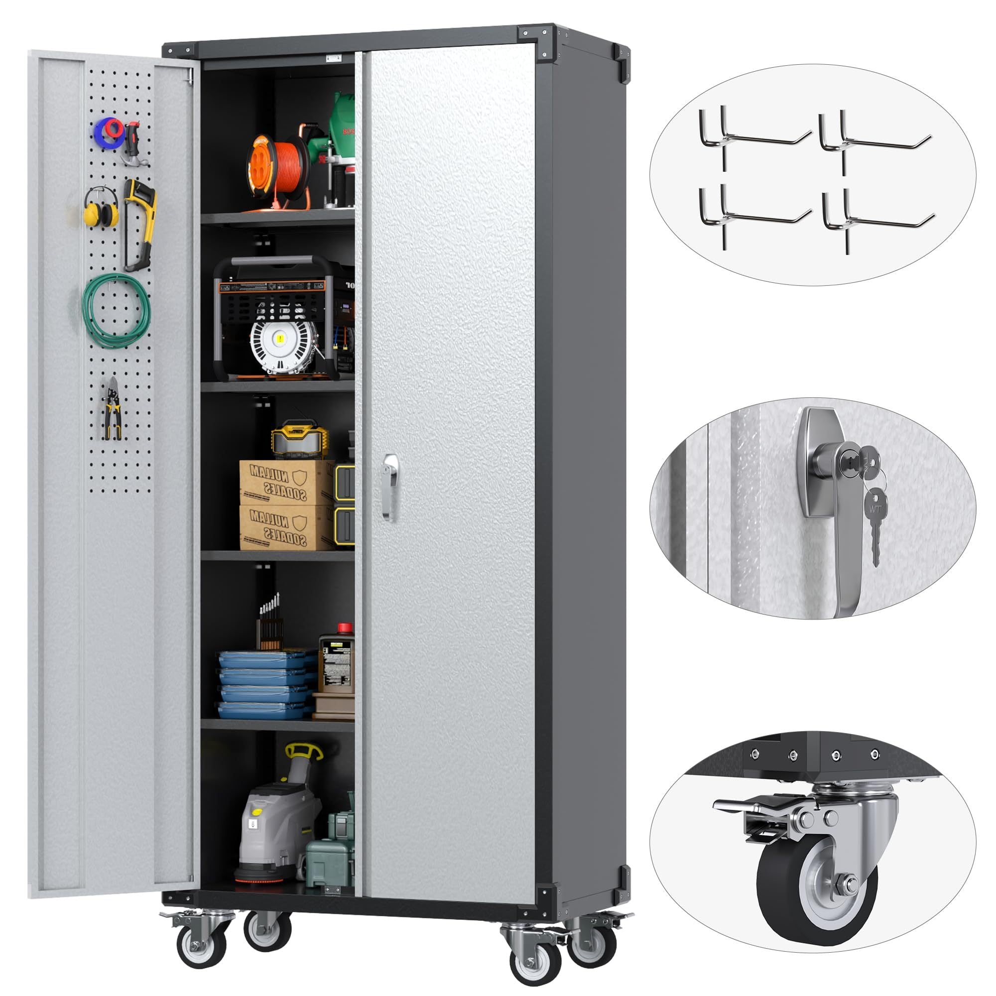 72 Inch Garage Storage Cabinet With Pegboard And Wheels, 4 Hooks And 4 Adjustable Shelves, Lockable Rolling Cabinet, Home, Office, Garage
