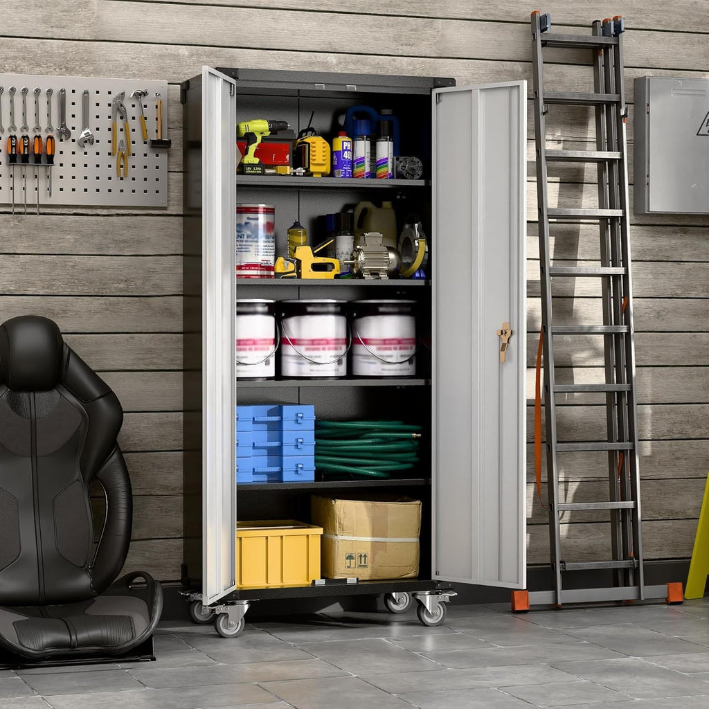 Garage Storage Cabinet With Wheels, Metal Cabinet With 2 Doors And 4 Adjustable Shelves,Home Office Metal Storage For Garage,Assembly Required