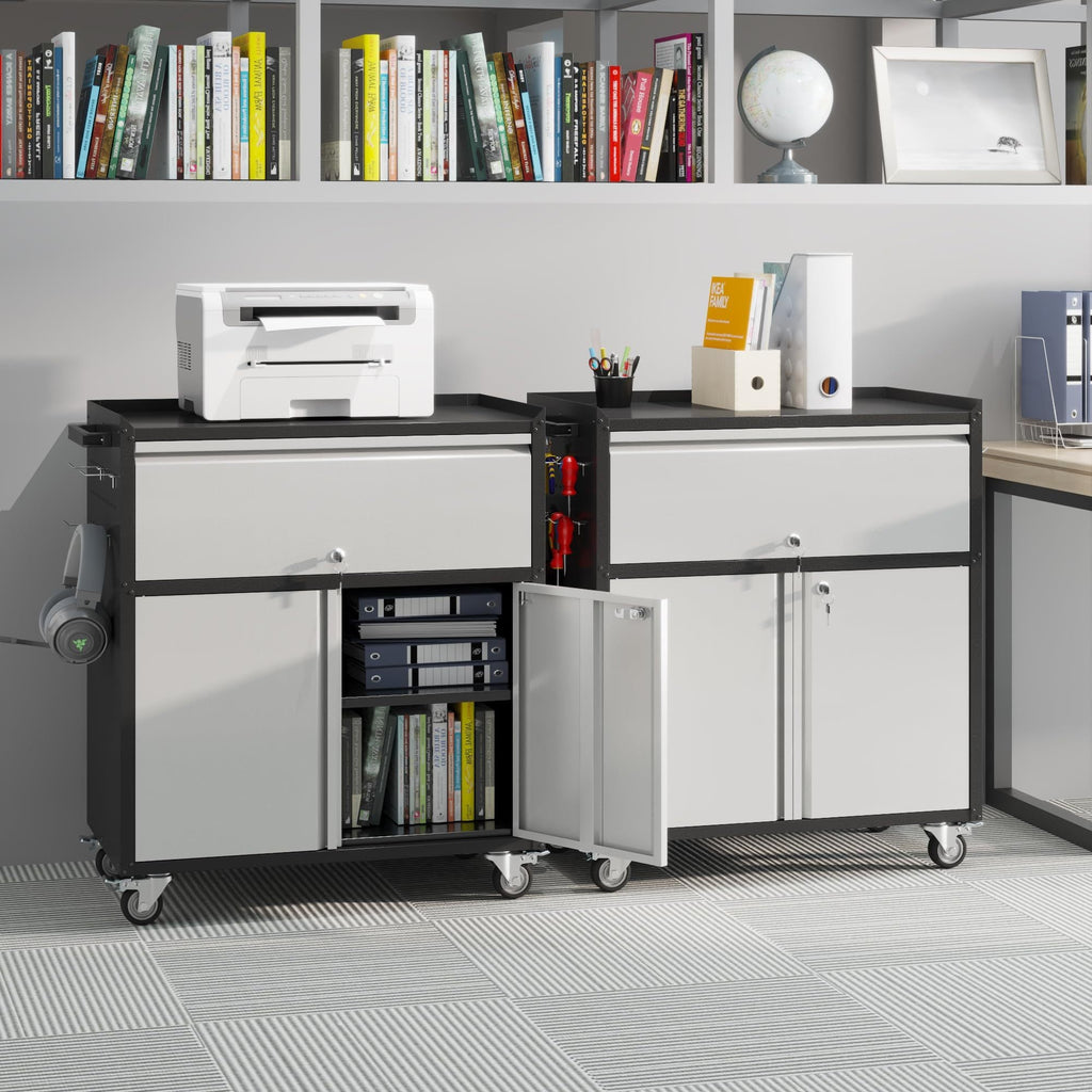 Aobabo Metal Garage Cabinet Steel Garage Cabinet With 1 Drawer And 2 Lockable Doors Rolling Tool Storage Box Assembly Required Black Gray