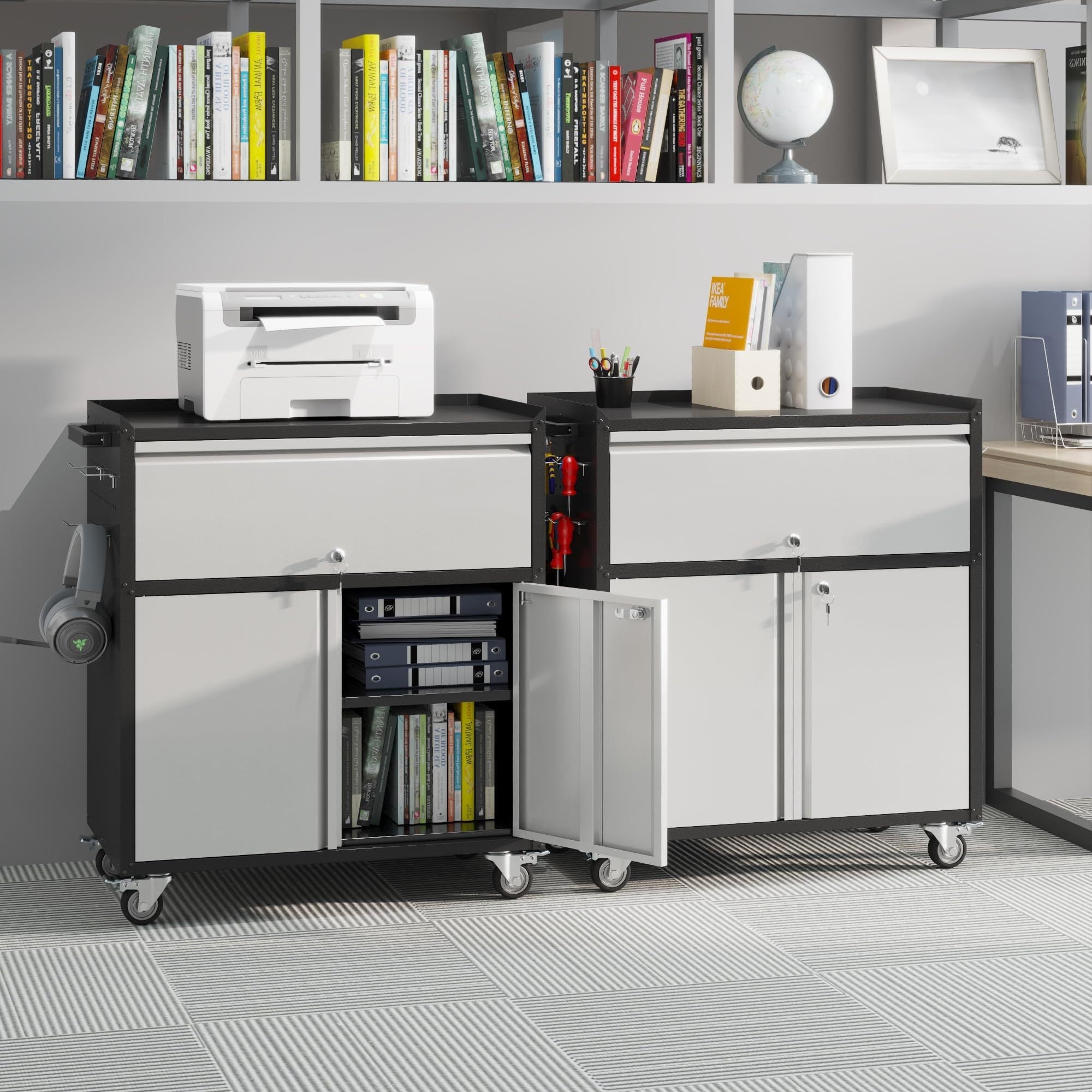 Aobabo Metal Garage Cabinet Steel Garage Cabinet With 1 Drawer And 2 Lockable Doors Rolling Tool Storage Box Assembly Required Black Gray