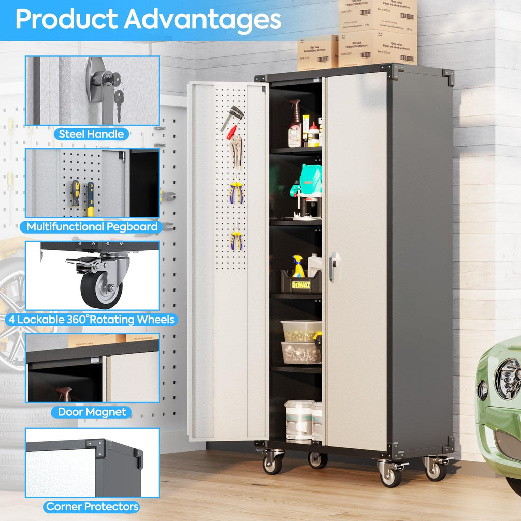 72 Inch Garage Storage Cabinet With Pegboard And Wheels, 4 Hooks And 4 Adjustable Shelves, Lockable Rolling Cabinet, Home, Office, Garage