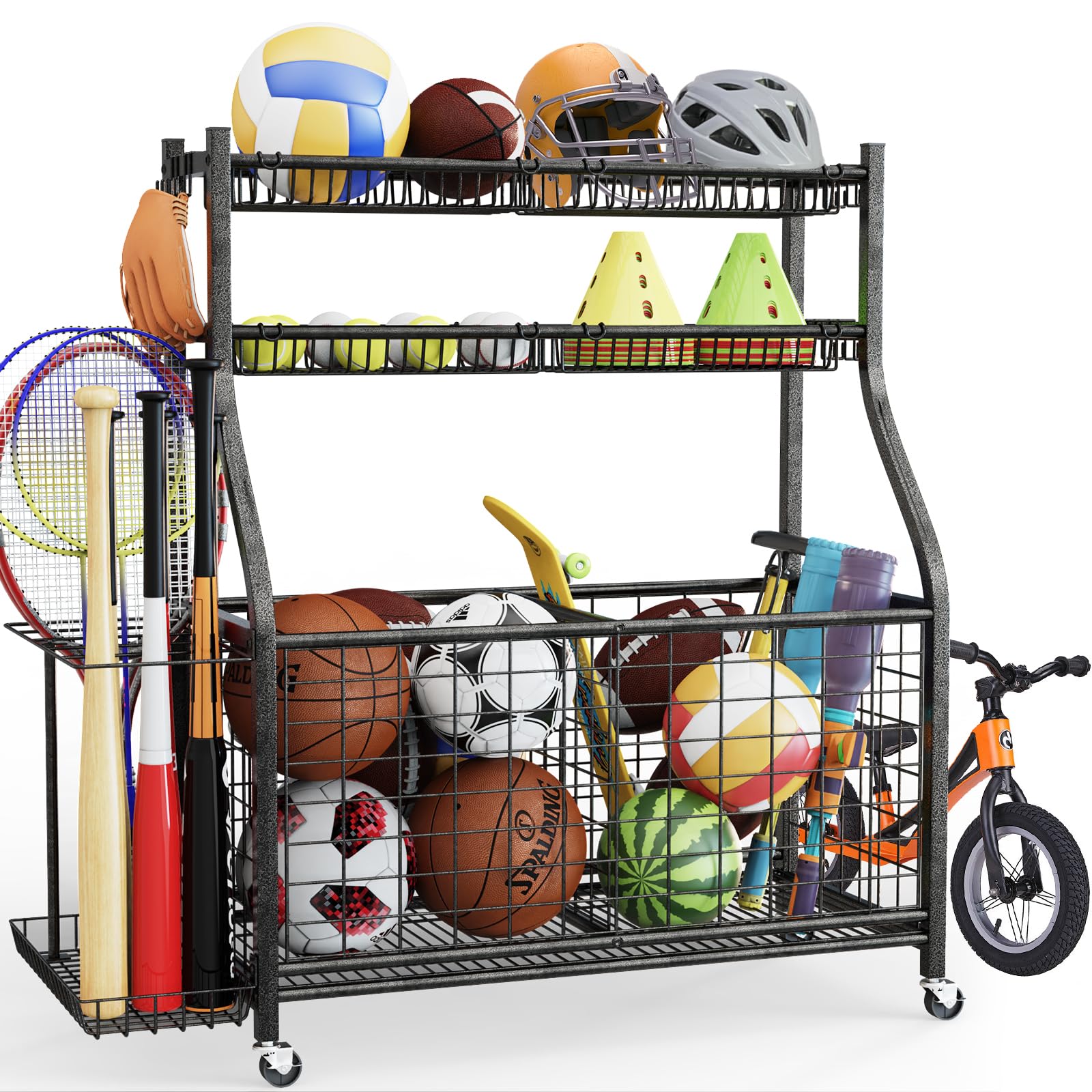 Garage Sports Equipment OrganizerBall Storage With Four Baskets And Six HooksSports Organizer For GarageHeavy Duty Garage OrganizerGarage StorageGarage OrganizationOutdoor Toy Storage (Black)
