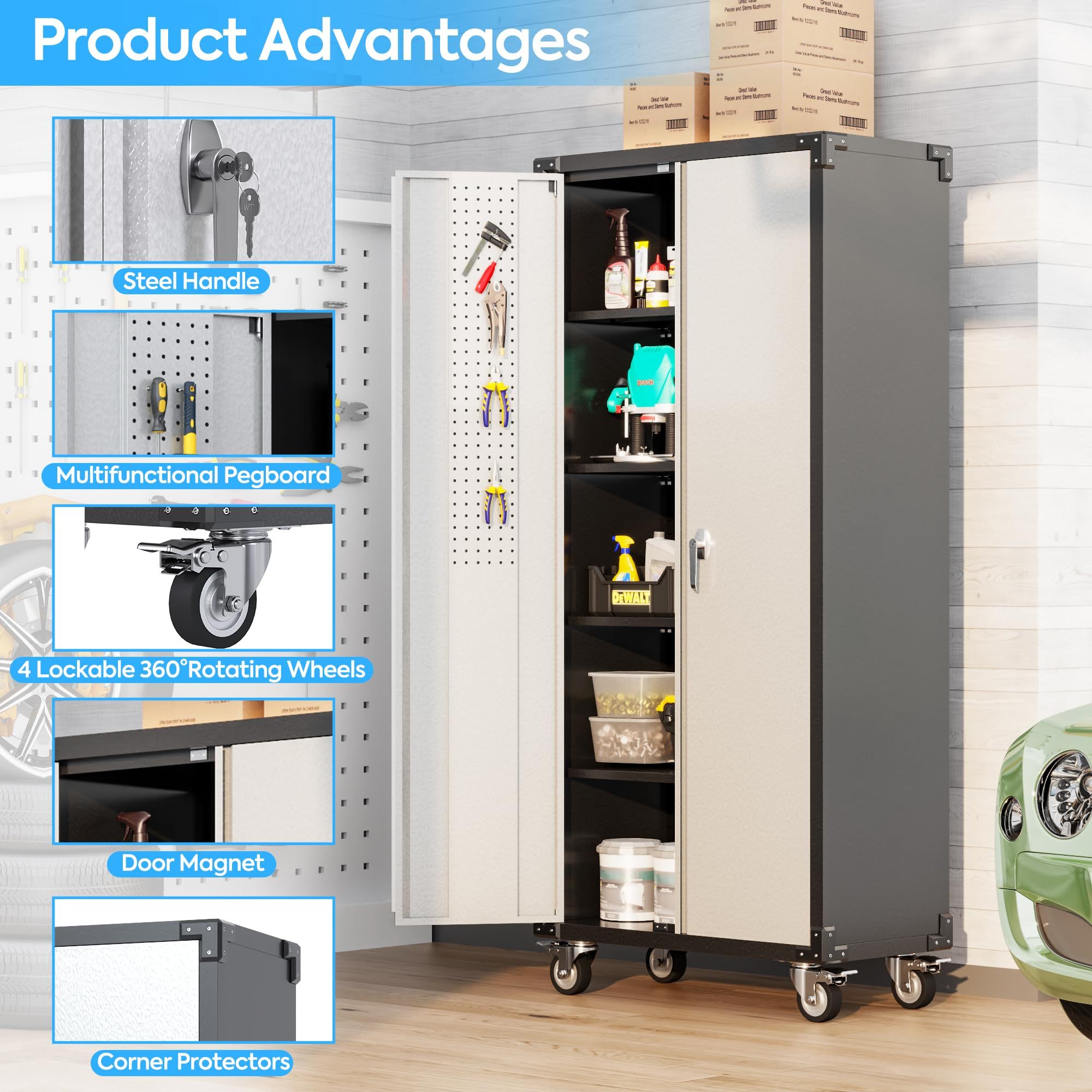72 Inch Garage Storage Cabinet With Pegboard And Wheels, 4 Hooks And 4 Adjustable Shelves, Lockable Rolling Cabinet, Home, Office, Garage