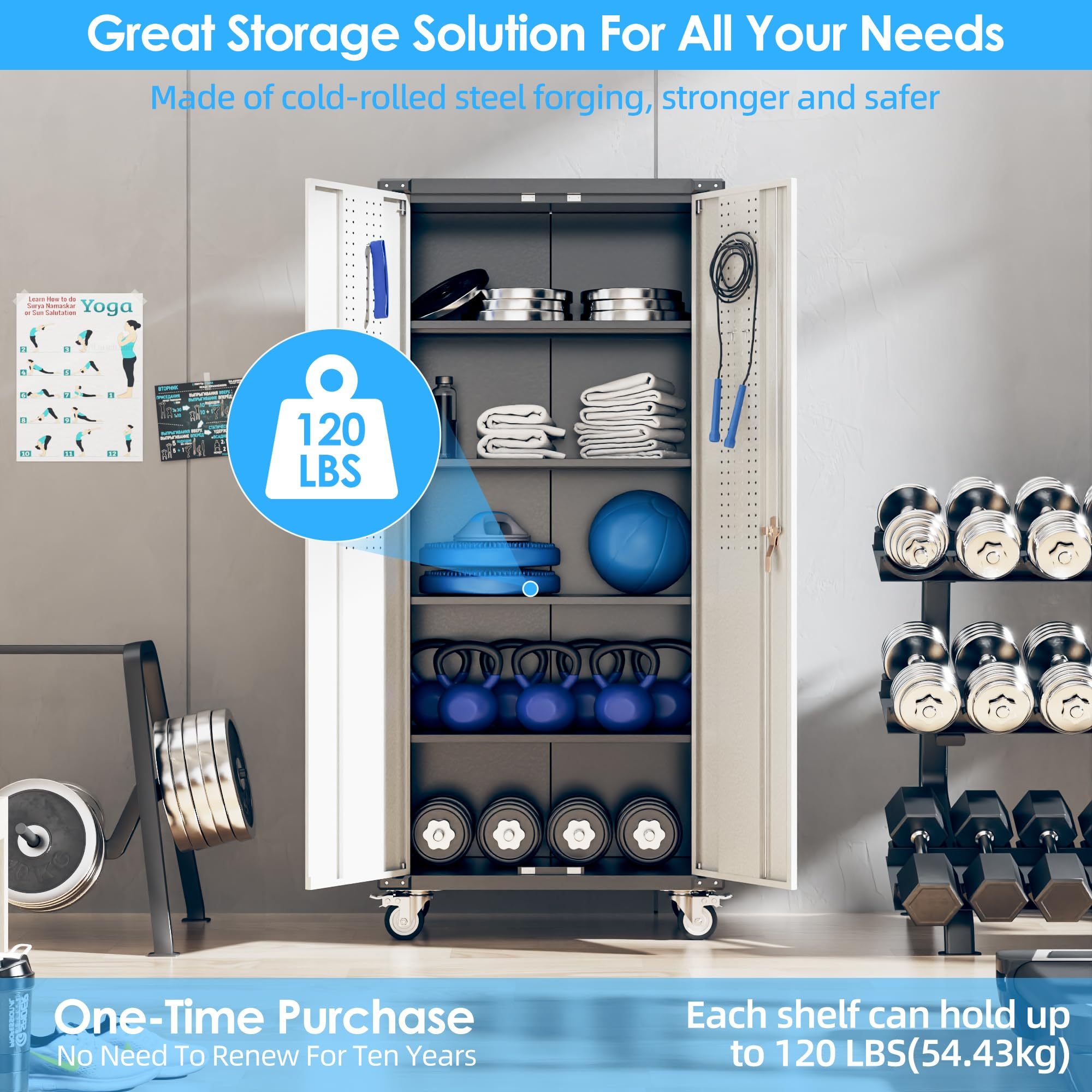 72 Inch Garage Storage Cabinet With Pegboard And Wheels, 4 Hooks And 4 Adjustable Shelves, Lockable Rolling Cabinet, Home, Office, Garage