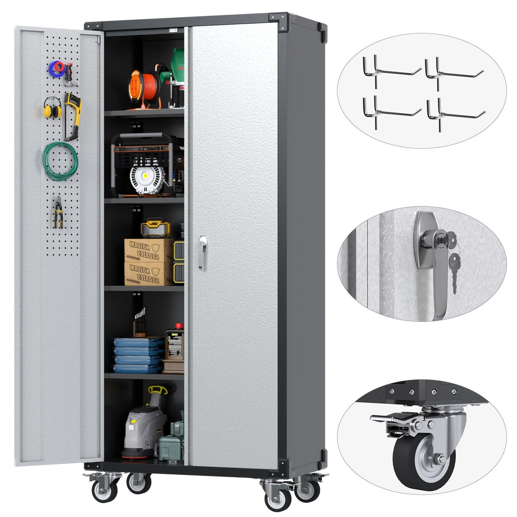 72 Inch Garage Storage Cabinet With Pegboard And Wheels, 4 Hooks And 4 Adjustable Shelves, Lockable Rolling Cabinet, Home, Office, Garage