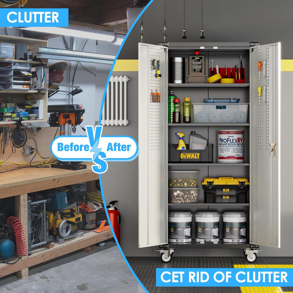 72 Inch Garage Storage Cabinet With Pegboard And Wheels, 4 Hooks And 4 Adjustable Shelves, Lockable Rolling Cabinet, Home, Office, Garage