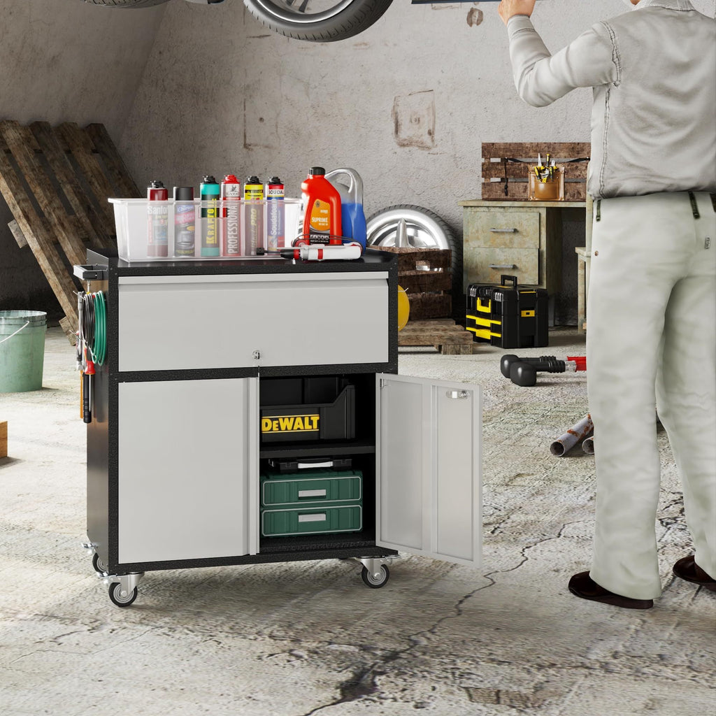Aobabo Metal Garage Cabinet Steel Garage Cabinet With 1 Drawer And 2 Lockable Doors Rolling Tool Storage Box Assembly Required Black Gray
