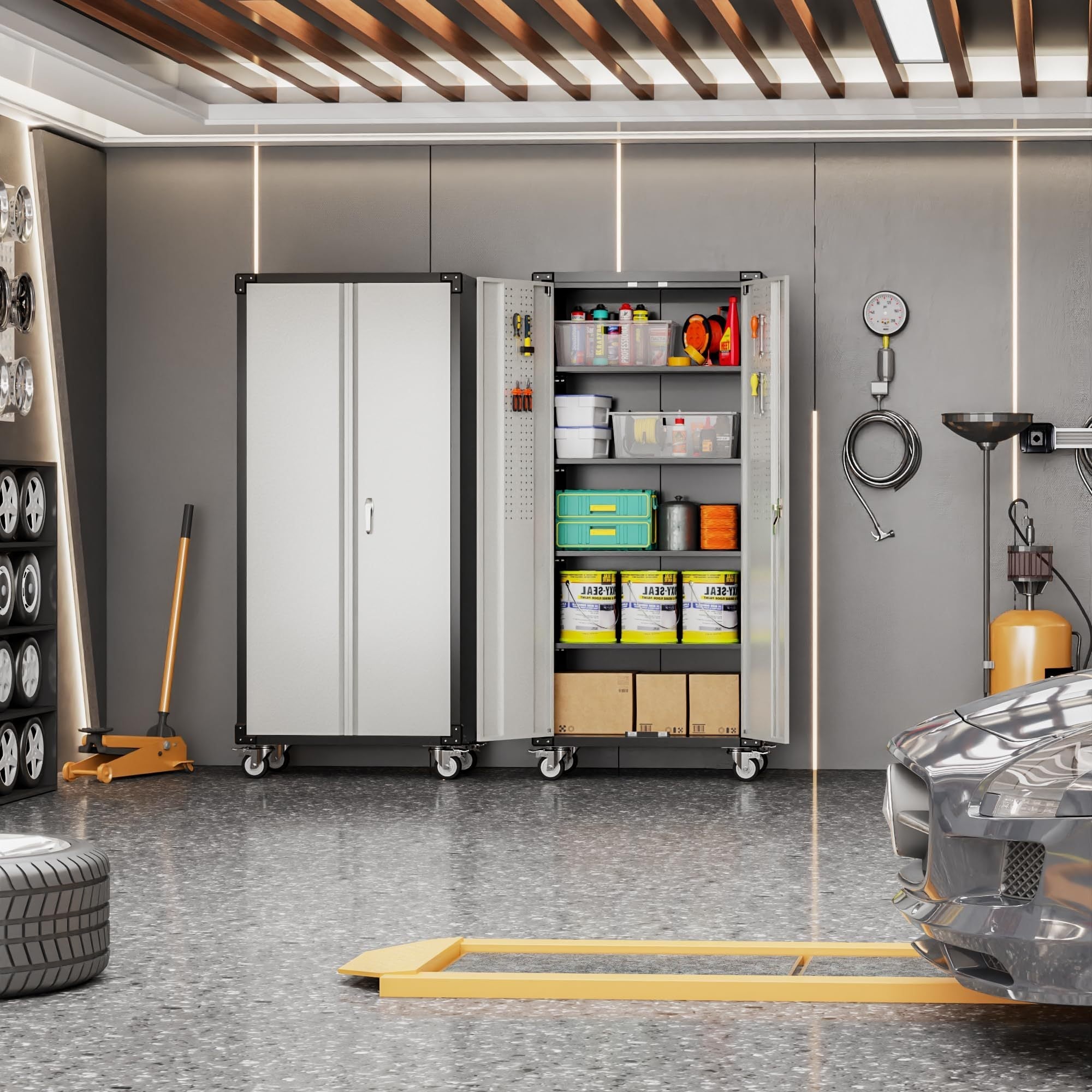 72 Inch Garage Storage Cabinet With Pegboard And Wheels, 4 Hooks And 4 Adjustable Shelves, Lockable Rolling Cabinet, Home, Office, Garage