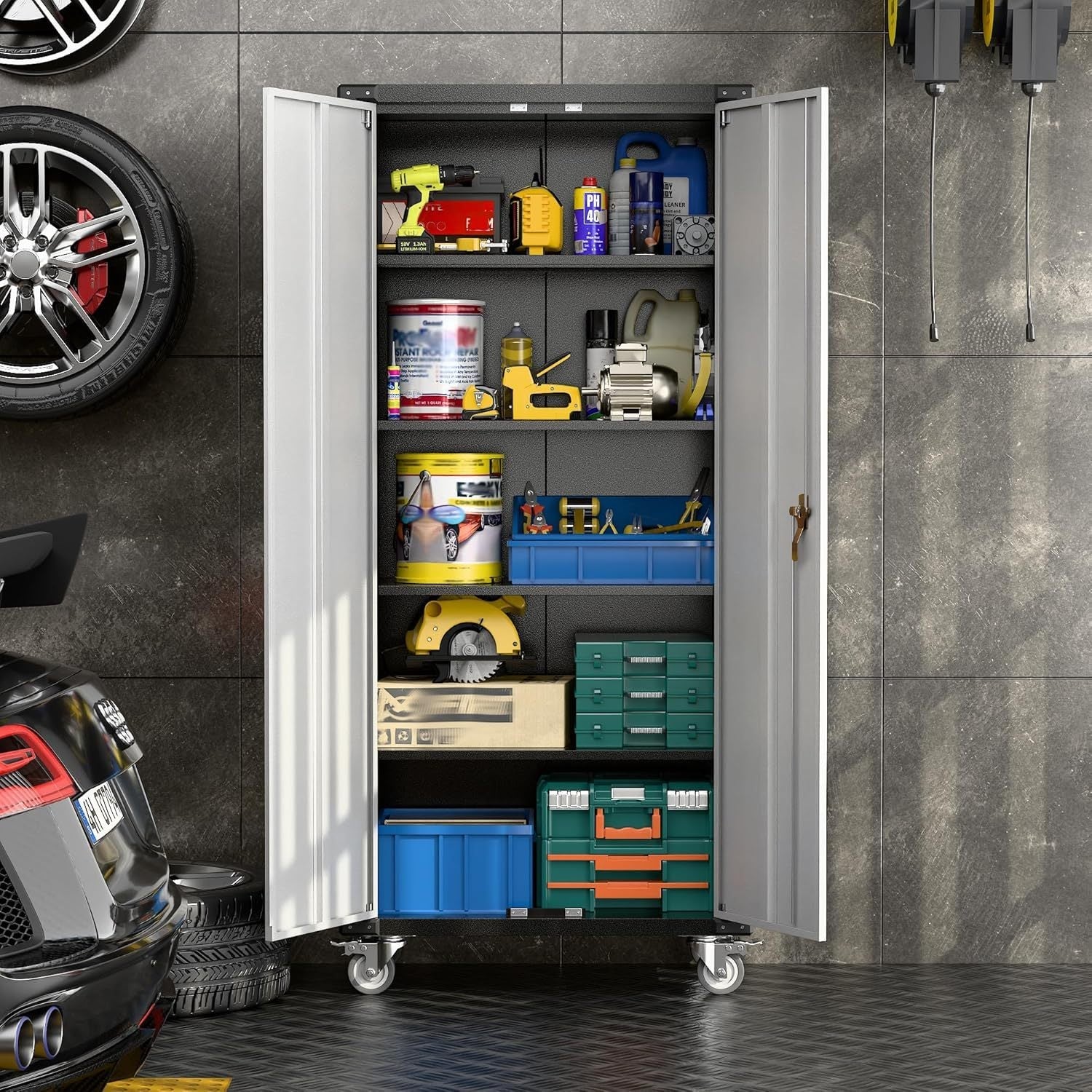 Garage Storage Cabinet With Wheels, Metal Cabinet With 2 Doors And 4 Adjustable Shelves,Home Office Metal Storage For Garage,Assembly Required
