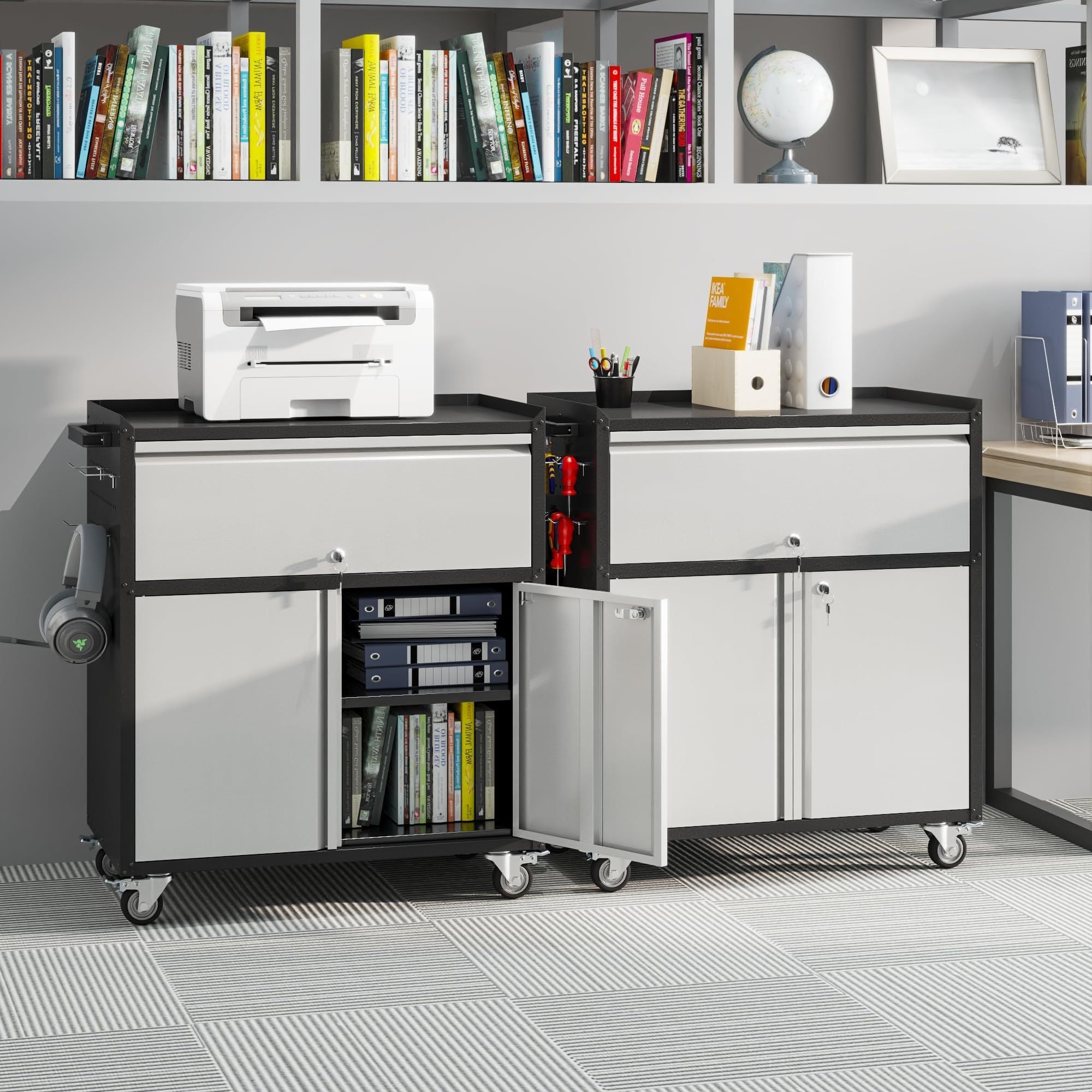 Aobabo Metal Garage Cabinet Steel Garage Cabinet With 1 Drawer And 2 Lockable Doors Rolling Tool Storage Box Assembly Required Black Gray