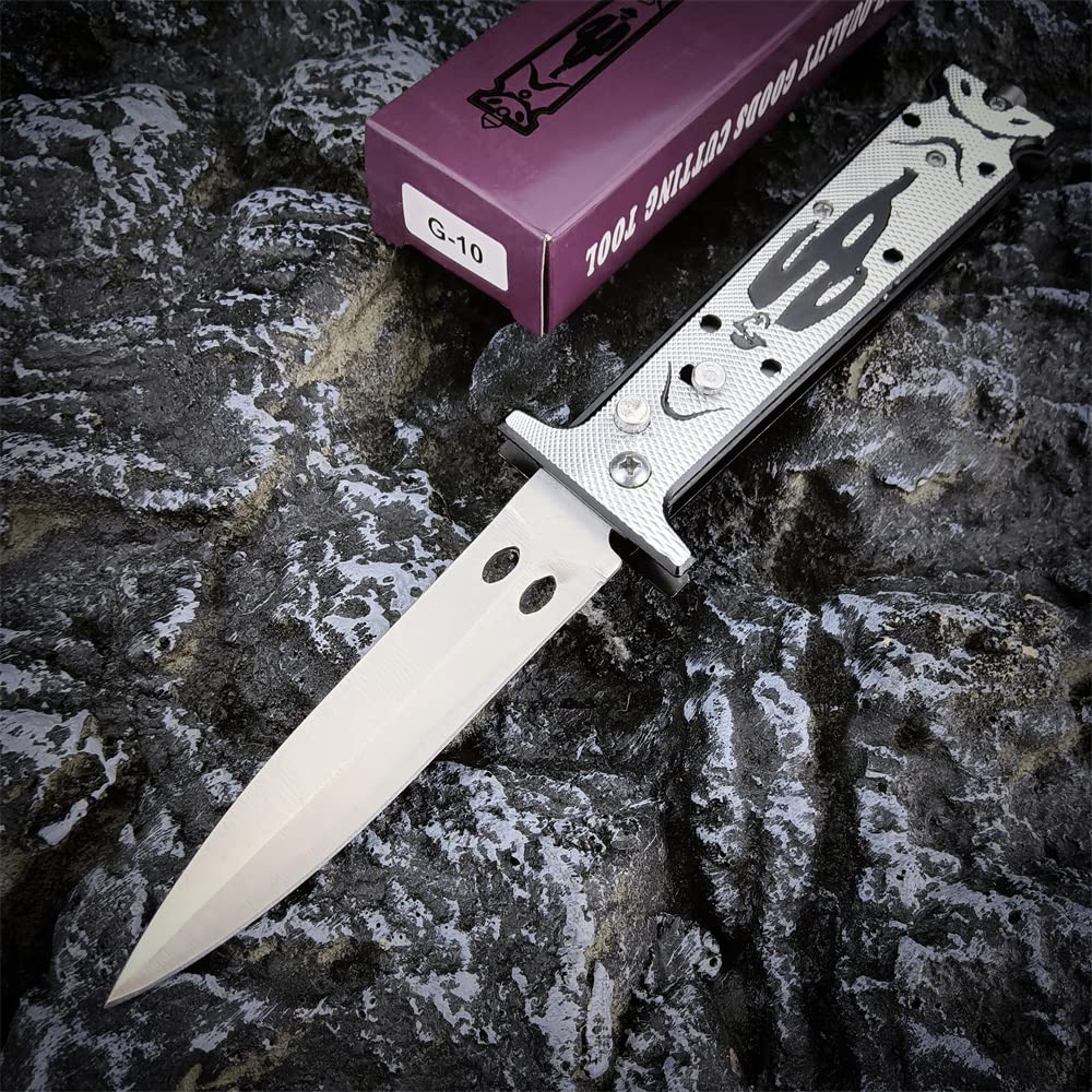 Generic 9"" Assisted Opening Blades Folding Knife Outdoor Camping Knife Hunting Survival Pocket Knife Tools Aluminum Handle EDC Fixed Blade Knife Christmas Gift Silver