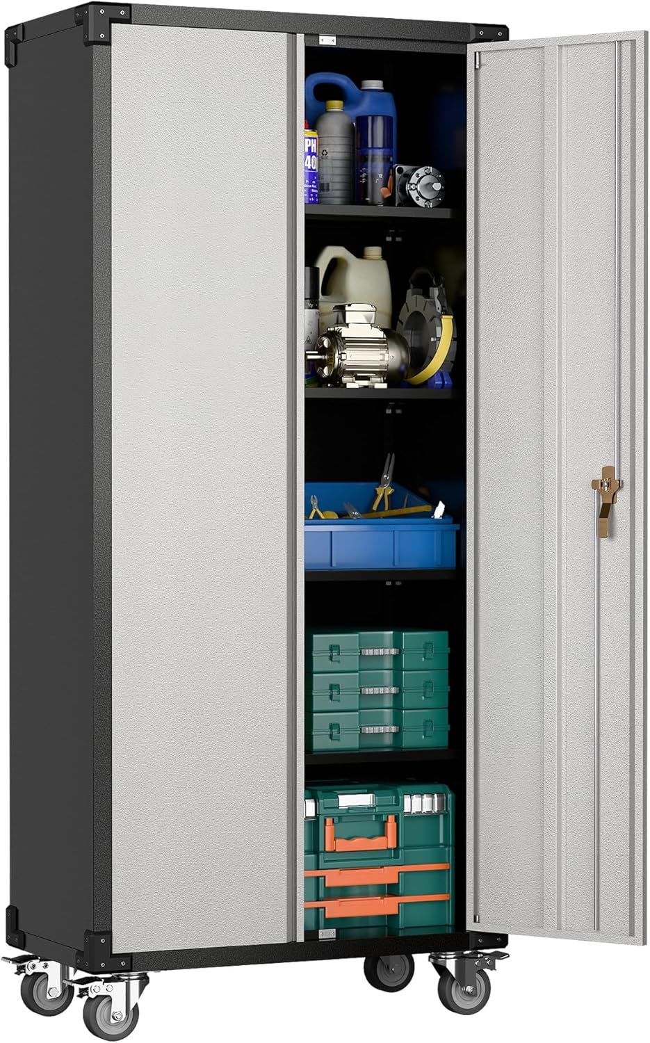 Garage Storage Cabinet With Wheels, Metal Cabinet With 2 Doors And 4 Adjustable Shelves,Home Office Metal Storage For Garage,Assembly Required